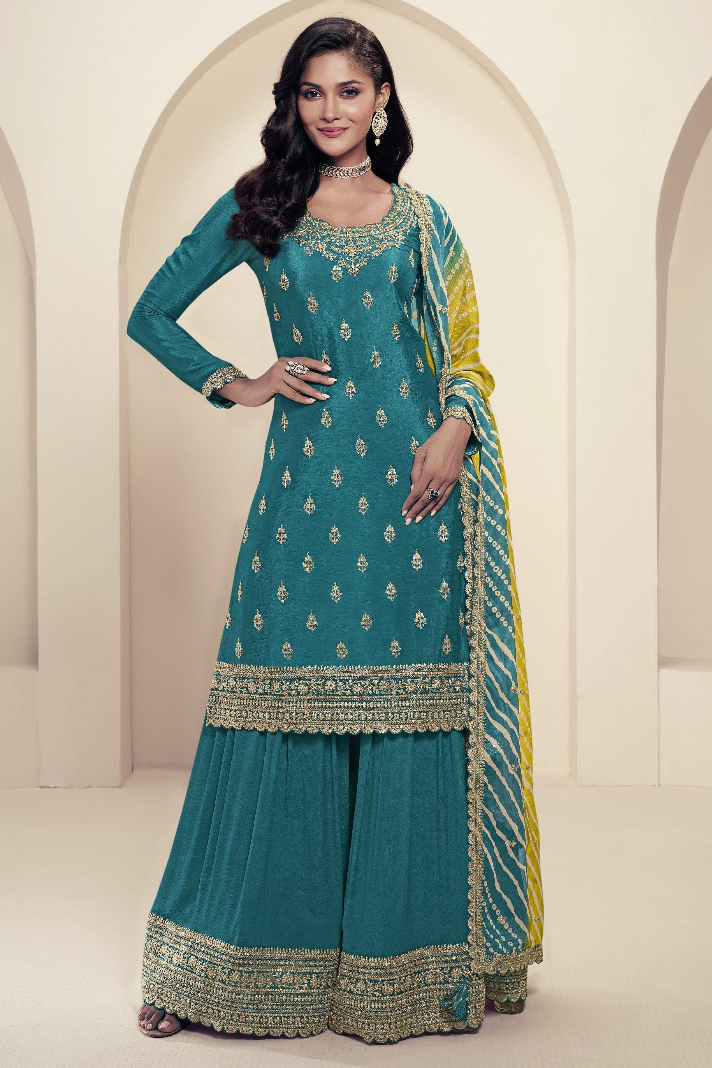 Teal Chinon Silk Palazzo Suit For Indian Wedding & Pakistani Festival - Embroidery Work, Print Work