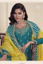 Teal Chinon Silk Palazzo Suit For Indian Wedding & Pakistani Festival - Embroidery Work, Print Work