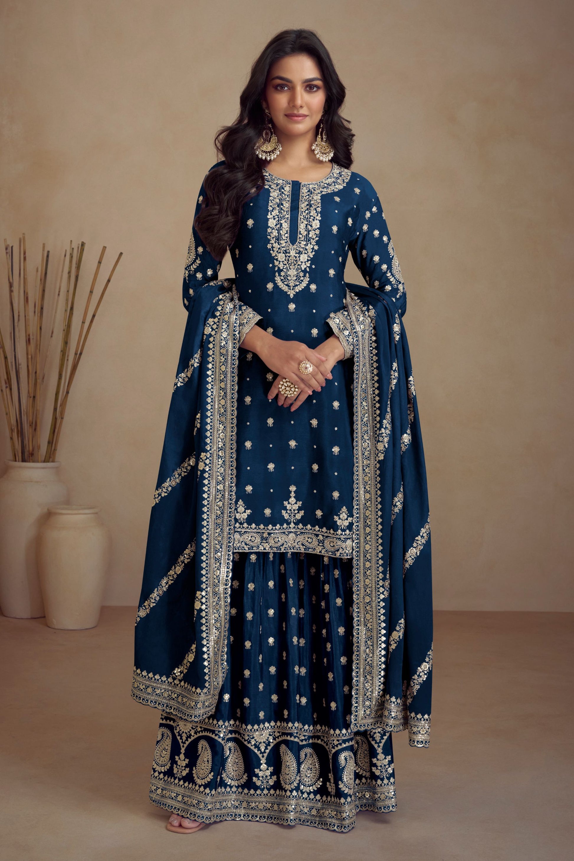 Teal Chinon Silk Palazzo Suit For Indian Weddings & Pakitani Festival - Embroidery Work