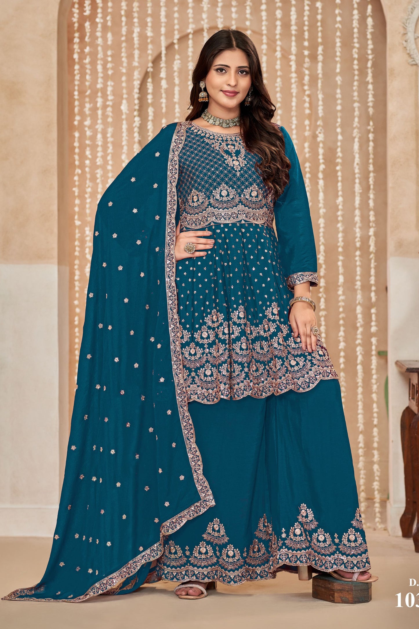 Teal Chinon Silk Palazzo Suit For Indian Festivals & Weddings - Embroidery Work