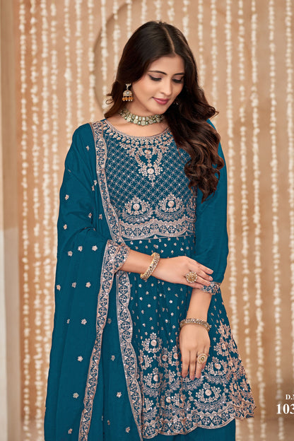 Teal Chinon Silk Palazzo Suit For Indian Festivals & Weddings - Embroidery Work