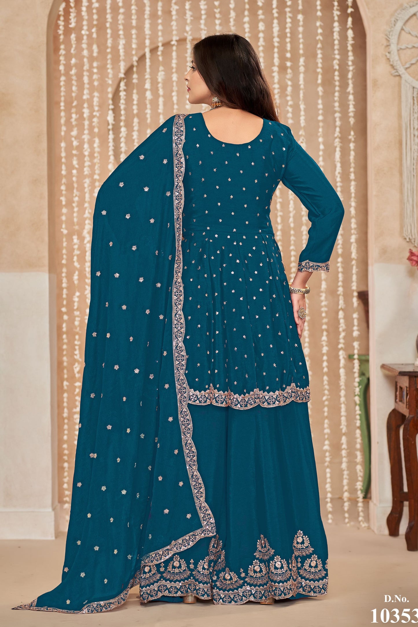 Teal Chinon Silk Palazzo Suit For Indian Festivals & Weddings - Embroidery Work