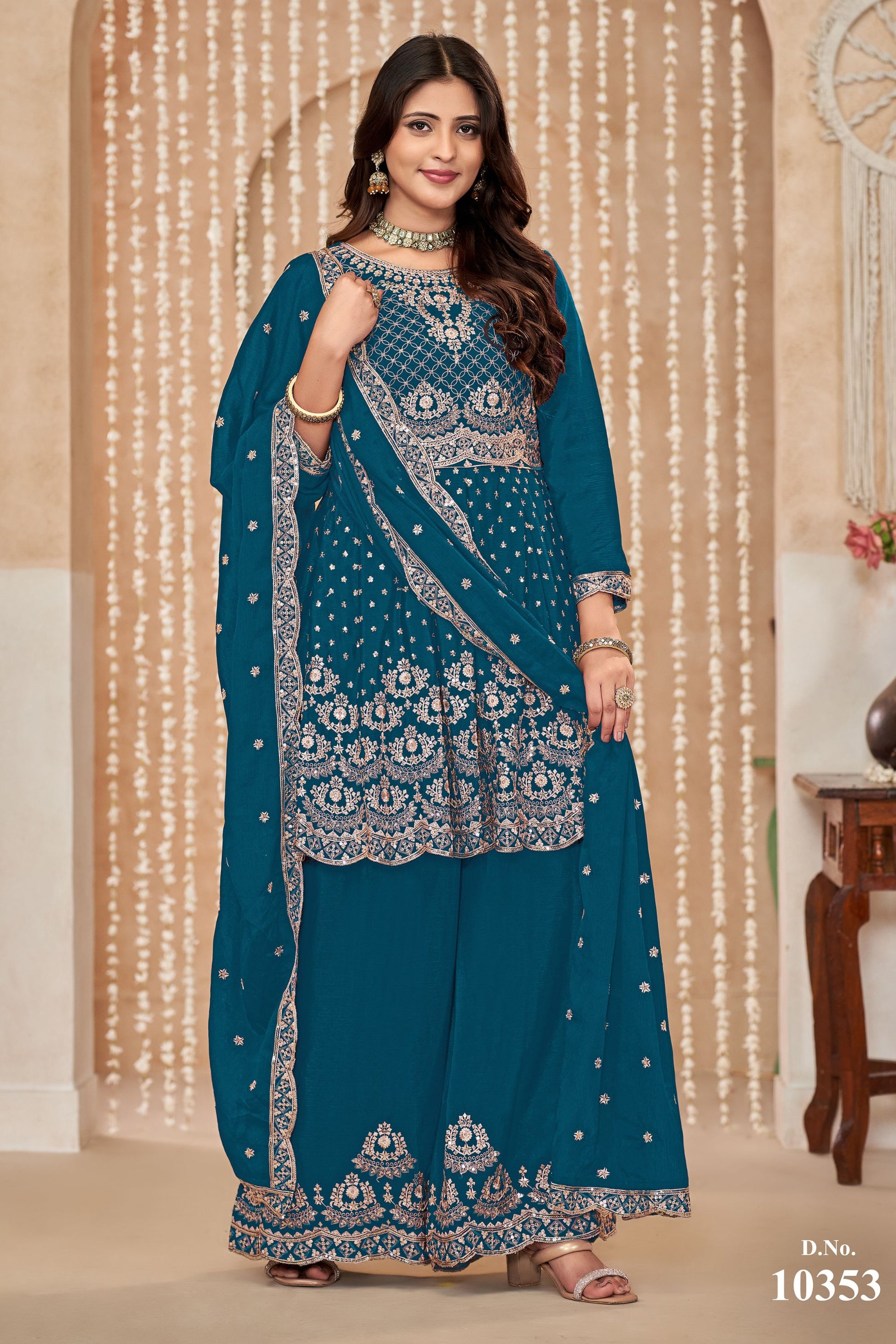 Teal Chinon Silk Palazzo Suit For Indian Festivals & Weddings - Embroidery Work