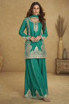 Teal Chinon Silk Plazo Suit For Indian & Pakistani Wedding Festival - Thread & Sequins Embroidery Work