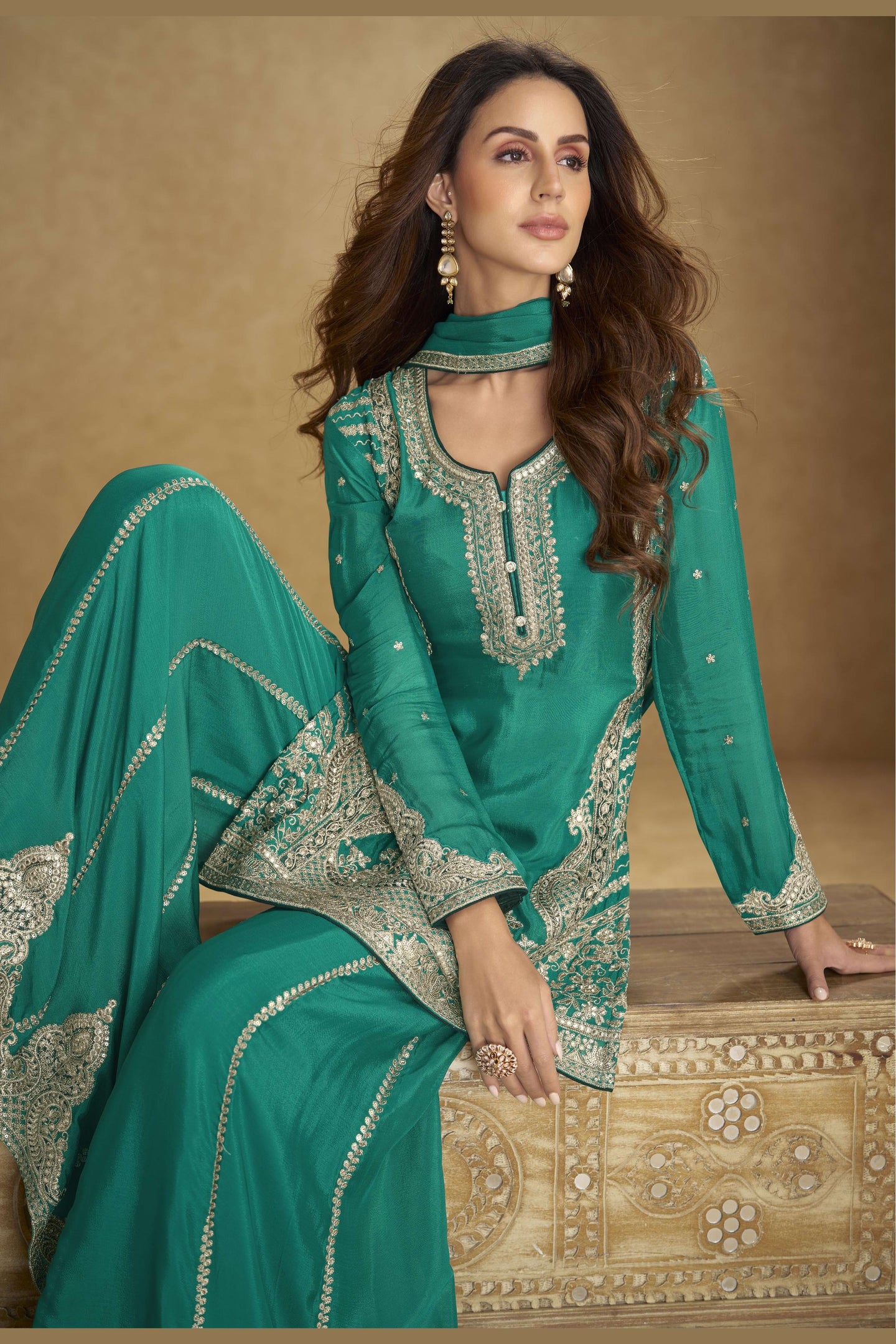 Teal Chinon Silk Plazo Suit For Indian & Pakistani Wedding Festival - Thread & Sequins Embroidery Work