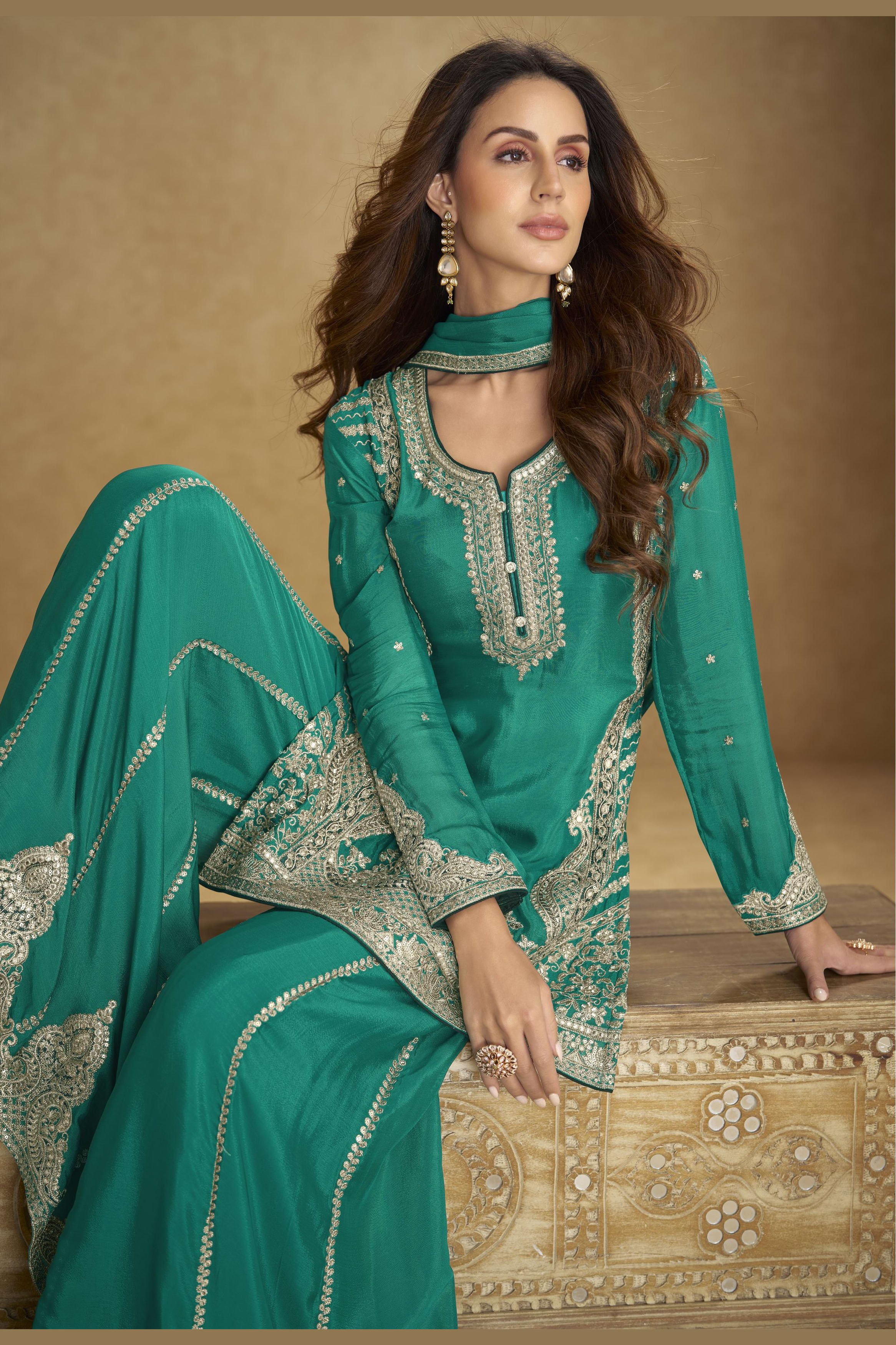 Teal Chinon Silk Plazo Suit For Indian & Pakistani Wedding Festival - Thread & Sequins Embroidery Work