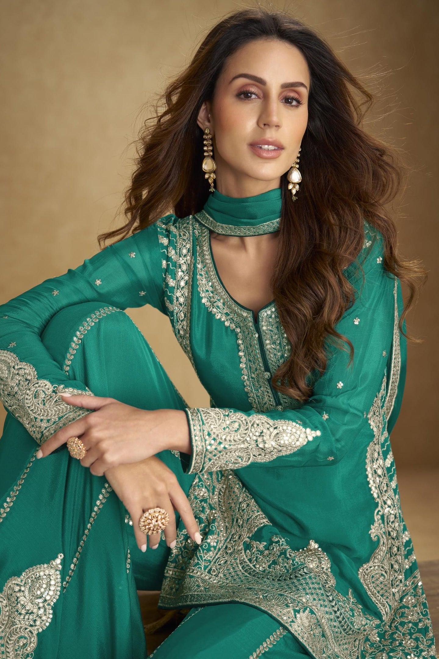 Teal Chinon Silk Plazo Suit For Indian & Pakistani Wedding Festival - Thread & Sequins Embroidery Work