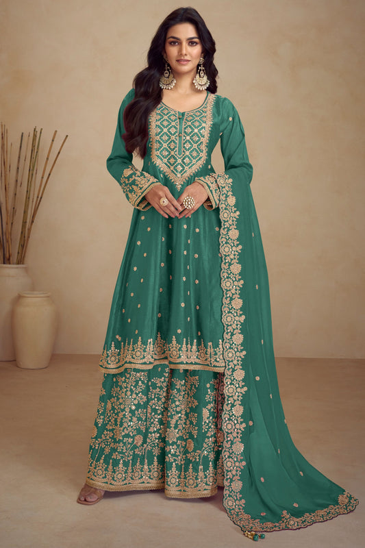 Teal Chinon Silk Plazo Suit For Indian Weddings & Pakitani Festival - Embroidery Work