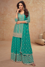 Teal Chinon Silk Plazo Suit For Indian Weddings & Pakitani Festival - Embroidery Work
