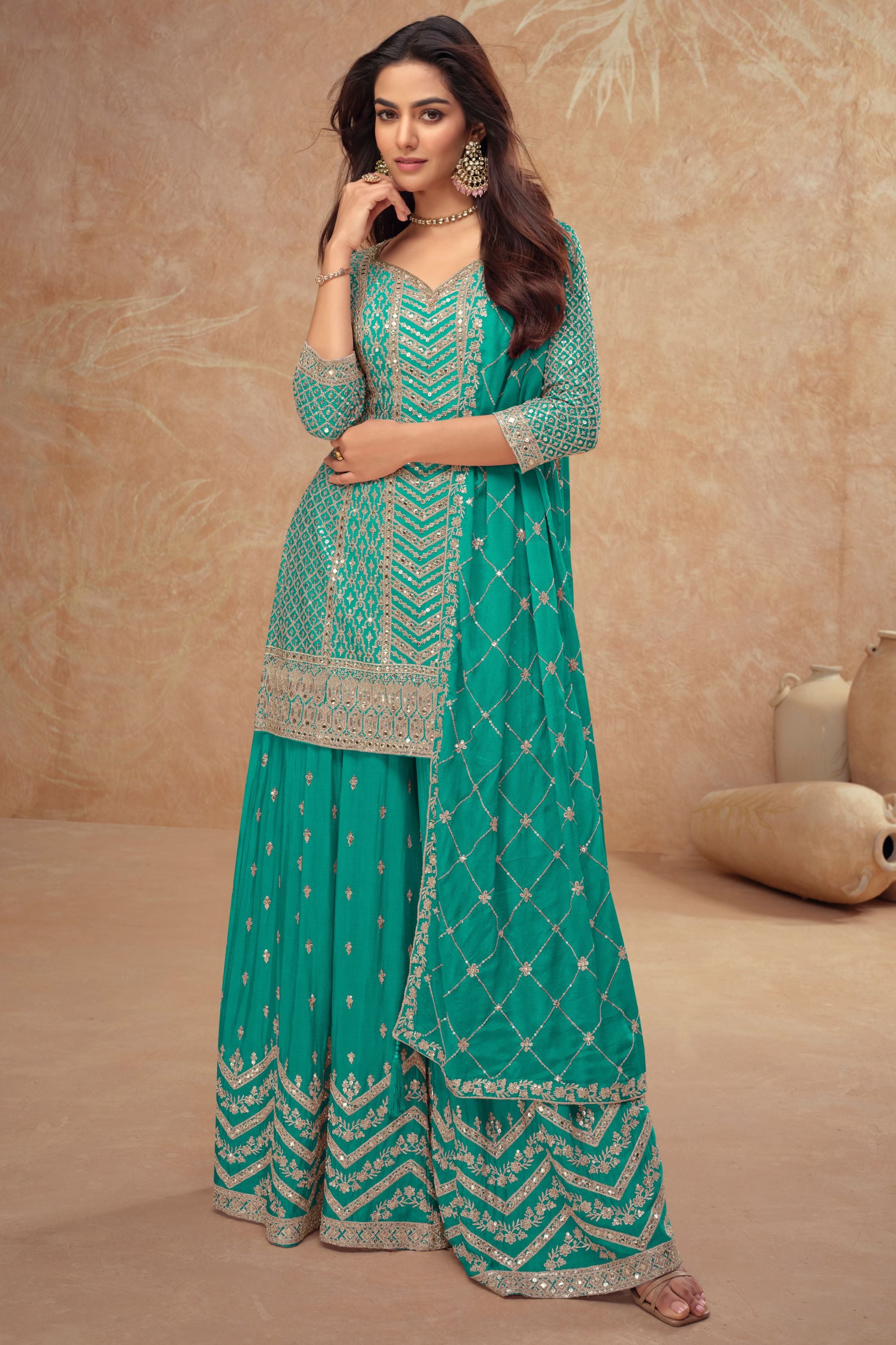Teal Chinon Silk Plazo Suit For Indian Weddings & Pakitani Festival - Embroidery Work