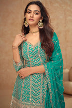 Teal Chinon Silk Plazo Suit For Indian Weddings & Pakitani Festival - Embroidery Work
