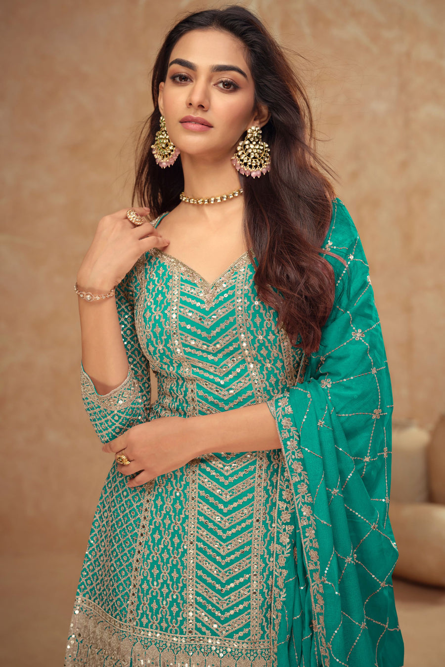 Teal Chinon Silk Plazo Suit For Indian Weddings & Pakitani Festival - Embroidery Work