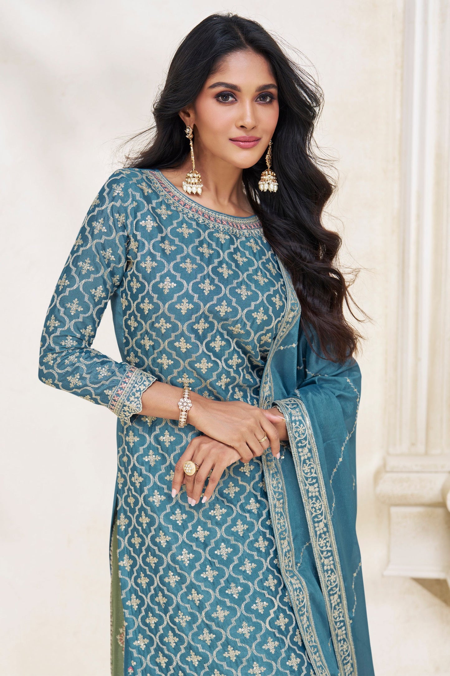 Teal Pakistani Chinon Silk Salwar Kameez with Skirt For Indian Festivals & Weddings - Embroidery Work