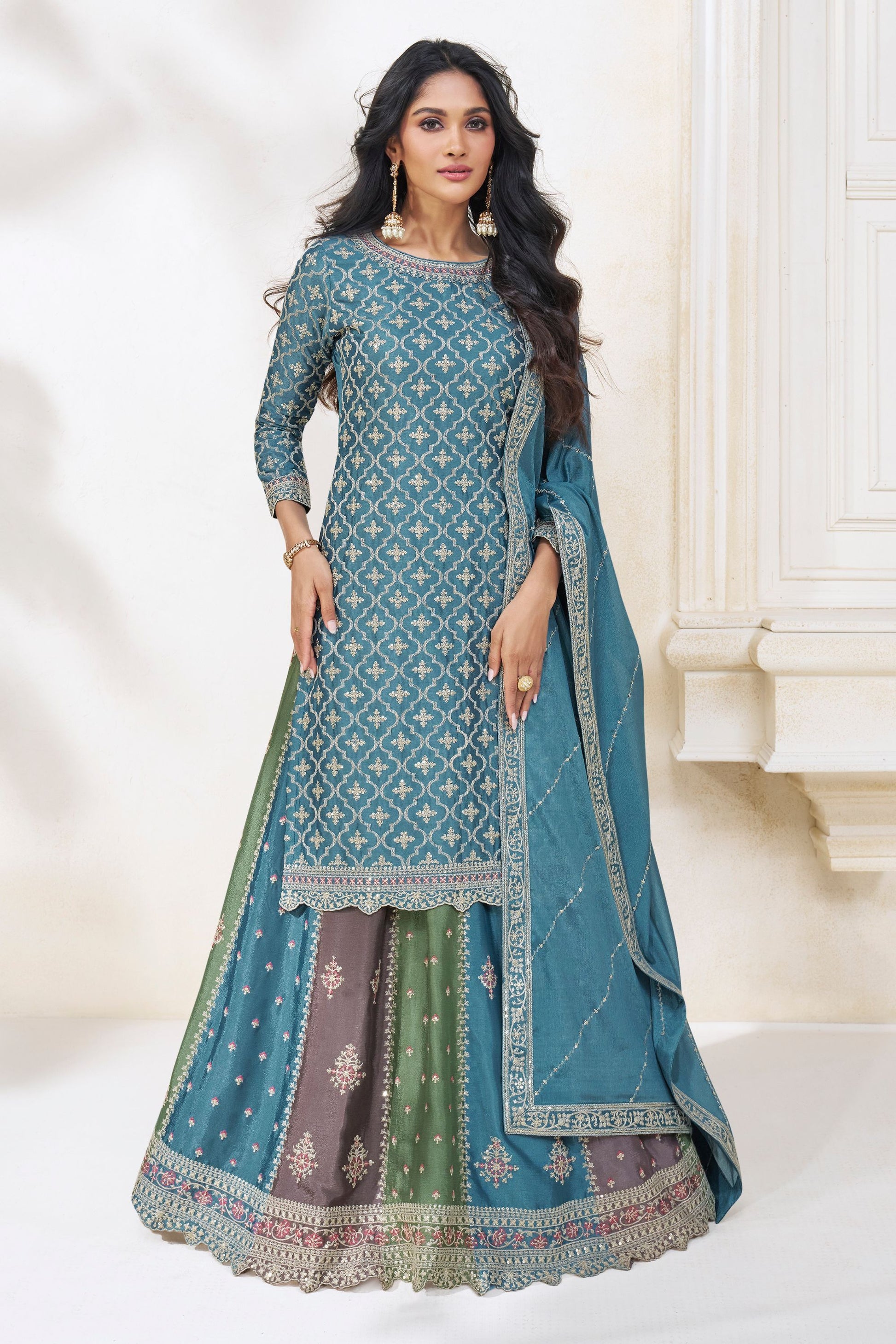 Teal Pakistani Chinon Silk Salwar Kameez with Skirt For Indian Festivals & Weddings - Embroidery Work