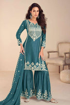 Teal Chinon Silk Sharara Suit For Indian & Pakistani Wedding Festival - Embroidery Work, Khatli Work