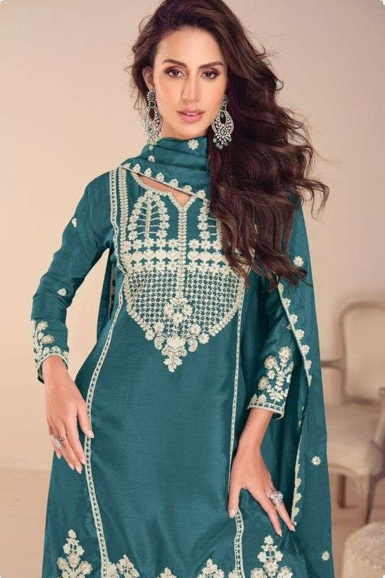Teal Chinon Silk Sharara Suit For Indian & Pakistani Wedding Festival - Embroidery Work, Khatli Work