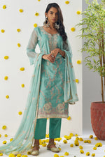 Teal Crush Fabric Kameez with Pant & Chiffon Dupatta For Ladies Indian Festivals & Weddings - Embroidery Work