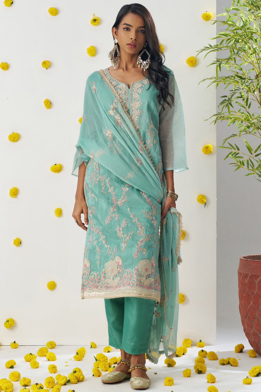Teal Crush Fabric Kameez with Pant & Chiffon Dupatta For Ladies Indian Festivals & Weddings - Embroidery Work