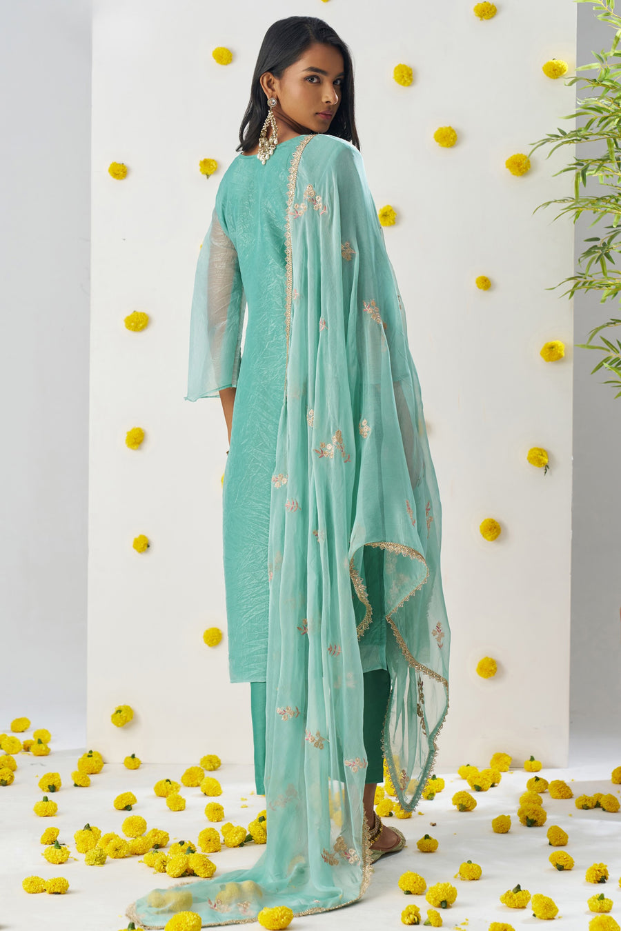 Teal Crush Fabric Kameez with Pant & Chiffon Dupatta For Ladies Indian Festivals & Weddings - Embroidery Work