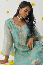 Teal Crush Fabric Kameez with Pant & Chiffon Dupatta For Ladies Indian Festivals & Weddings - Embroidery Work