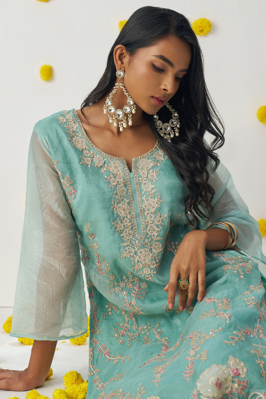 Teal Crush Fabric Kameez with Pant & Chiffon Dupatta For Ladies Indian Festivals & Weddings - Embroidery Work