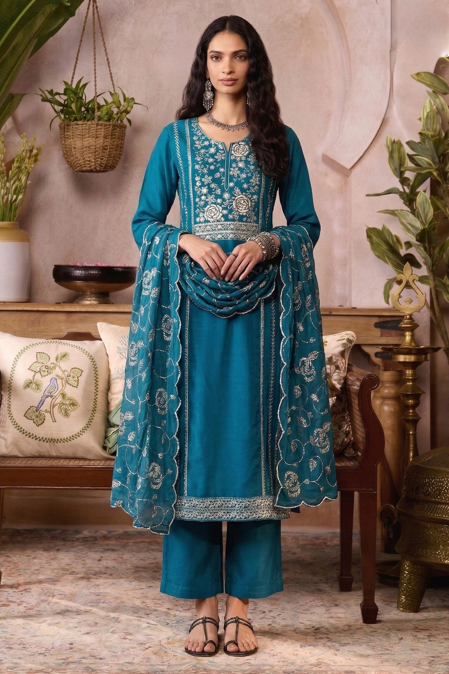 Teal Dress for Wedding - Kameez with Pant in Organza with Embroidery
