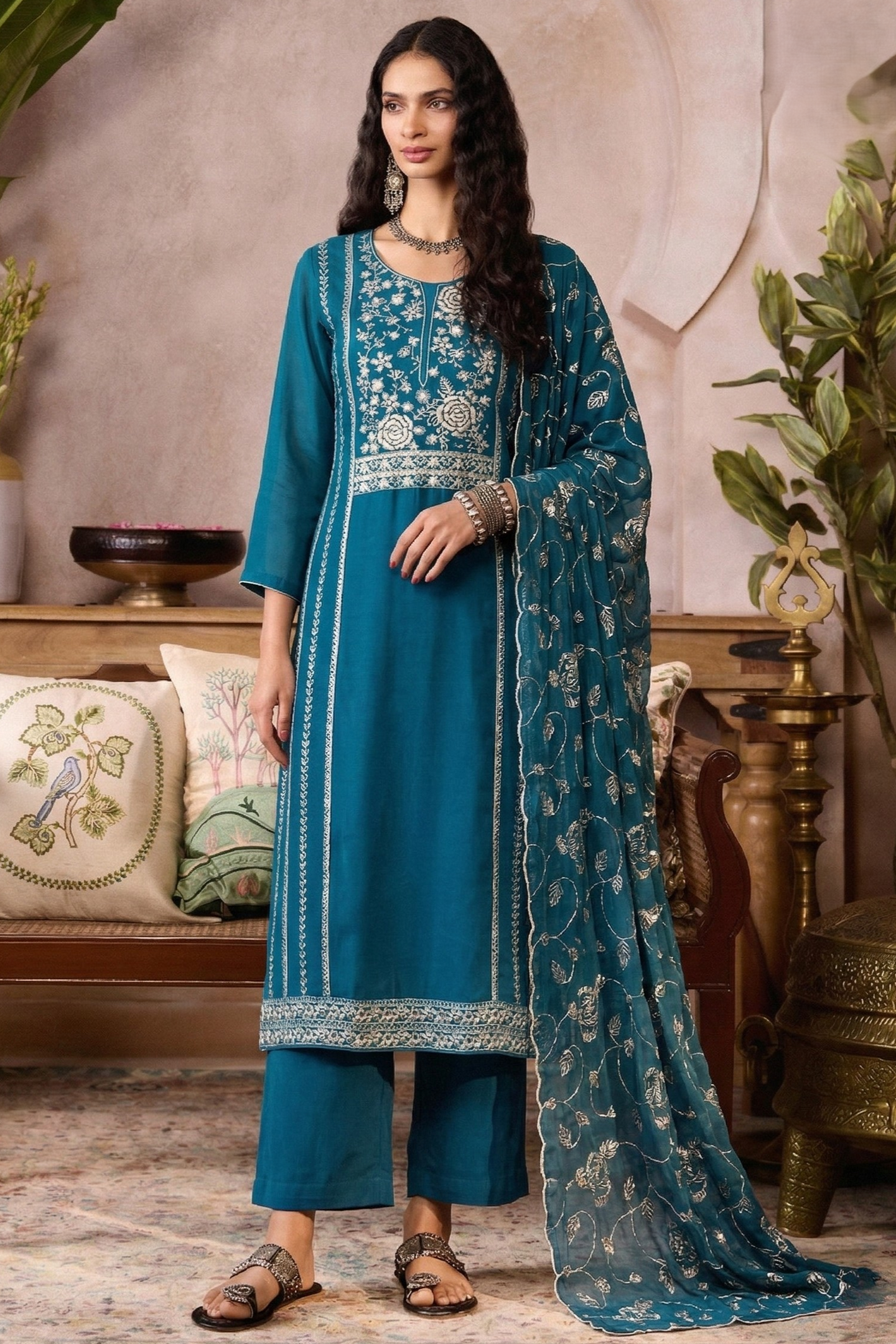 Women's Black Pant Suit for Wedding in Chinon Silk with Mirror & Embroidery Work