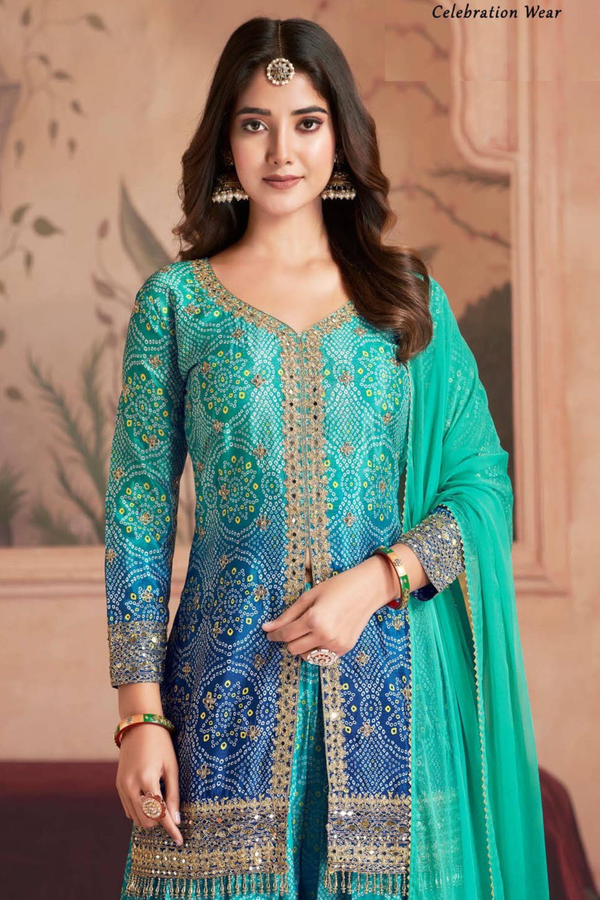 Teal Dual Color Chinon Silk Bandhani Style Pattern Palazzo Suit with Chiffon Dupatta For Indian Festivals & Weddings - Sequence Embroidery Work, Mirror Work, Print Work Copy Copy
