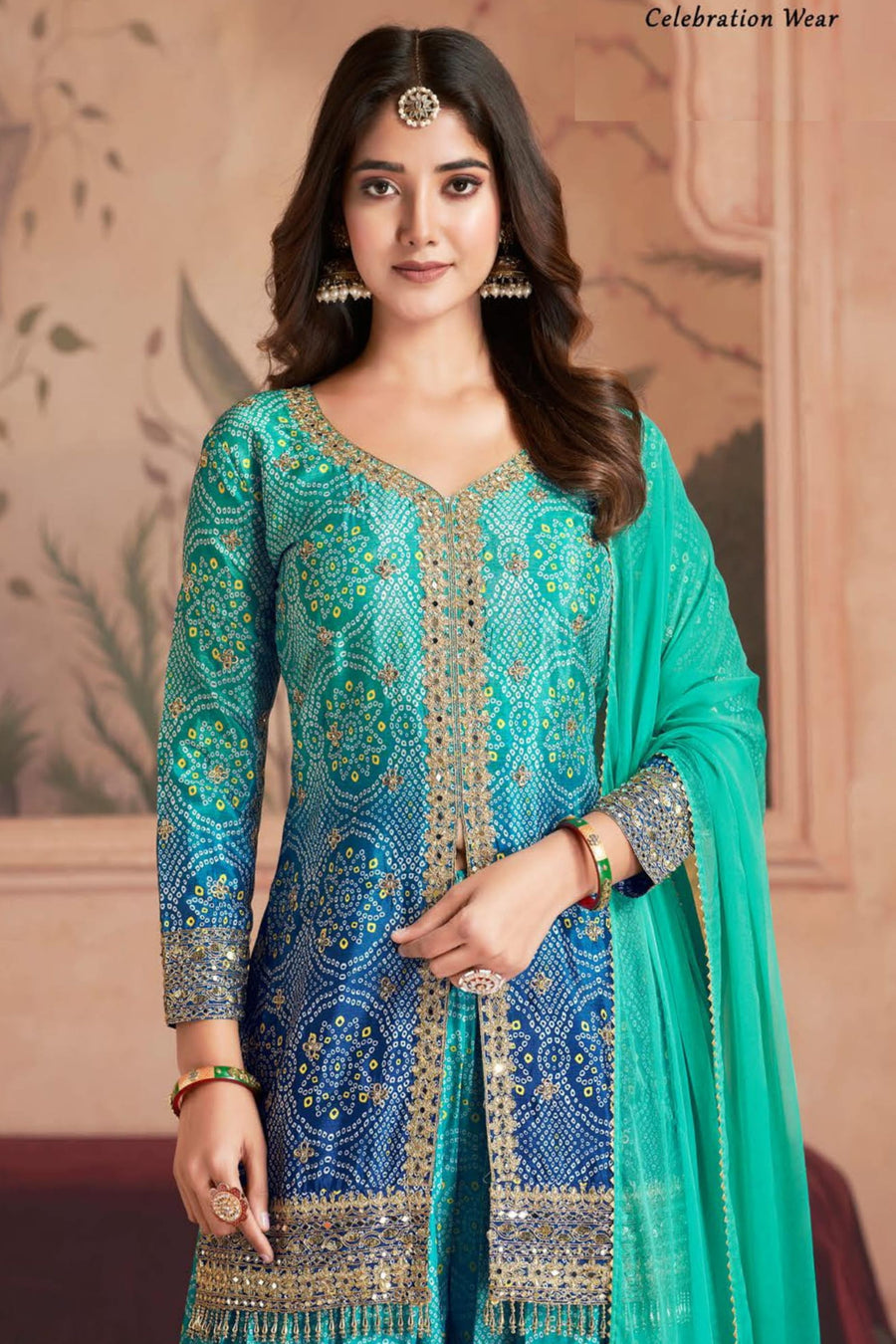 Teal Dual Color Chinon Silk Bandhani Style Pattern Palazzo Suit with Chiffon Dupatta For Indian Festivals & Weddings - Sequence Embroidery Work, Mirror Work, Print Work Copy Copy