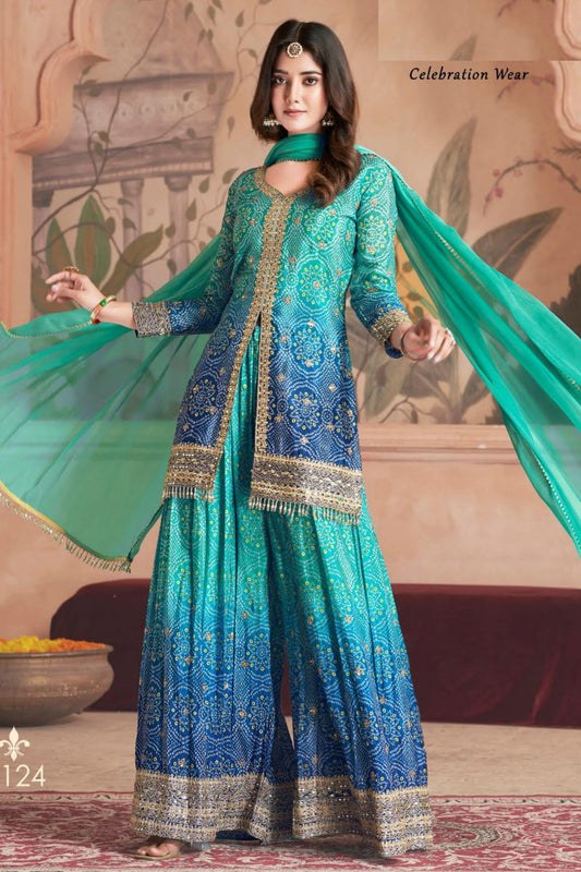 Teal Dual Color Chinon Silk Bandhani Style Pattern Palazzo Suit with Chiffon Dupatta For Indian Festivals & Weddings - Sequence Embroidery Work, Mirror Work, Print Work Copy Copy