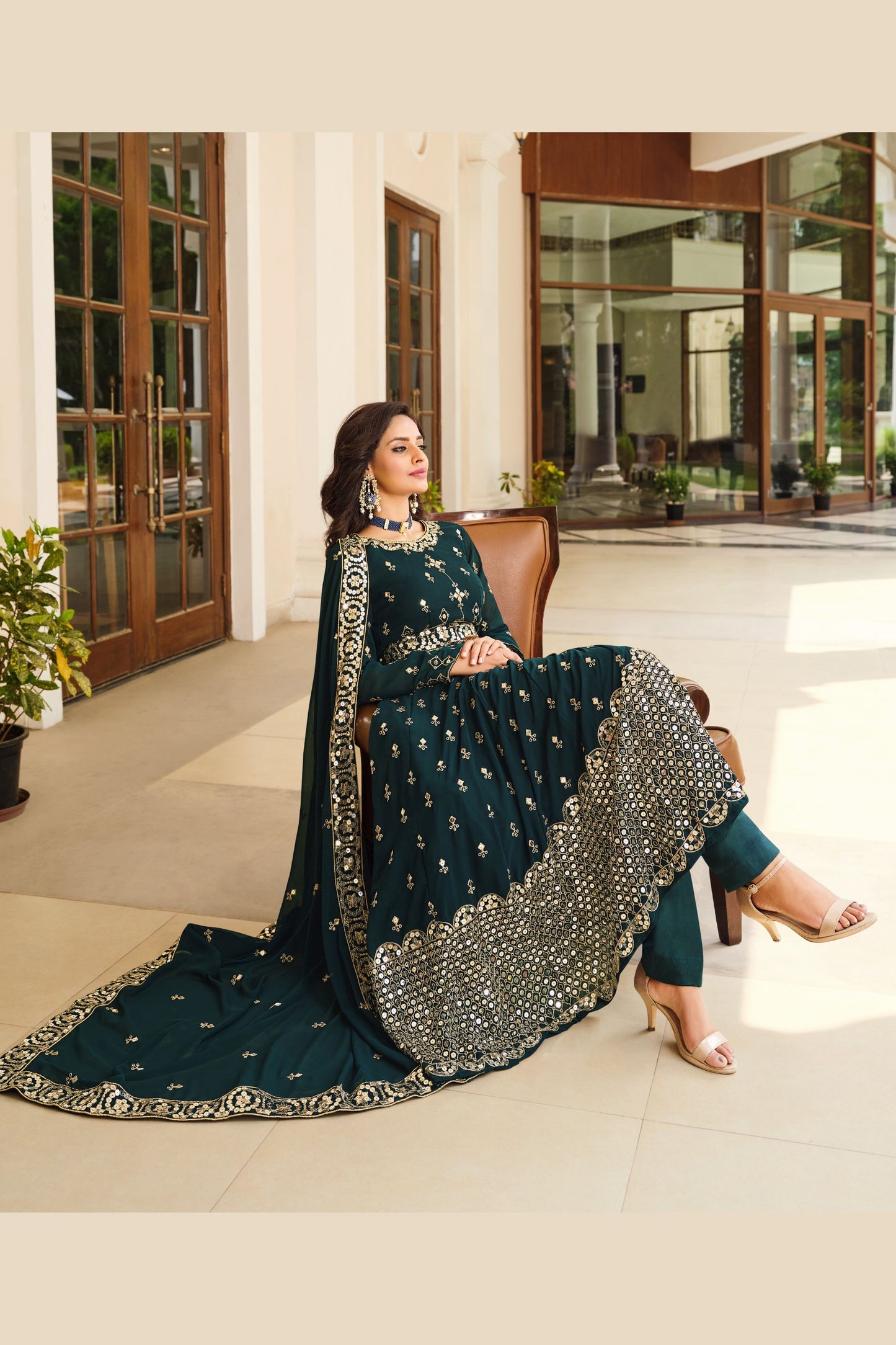 Teal Pakistani Georgette Anarkali Gown For Indian Festivals & Weddings - Sequence Embroidery Work, Thread Embroidery Work,