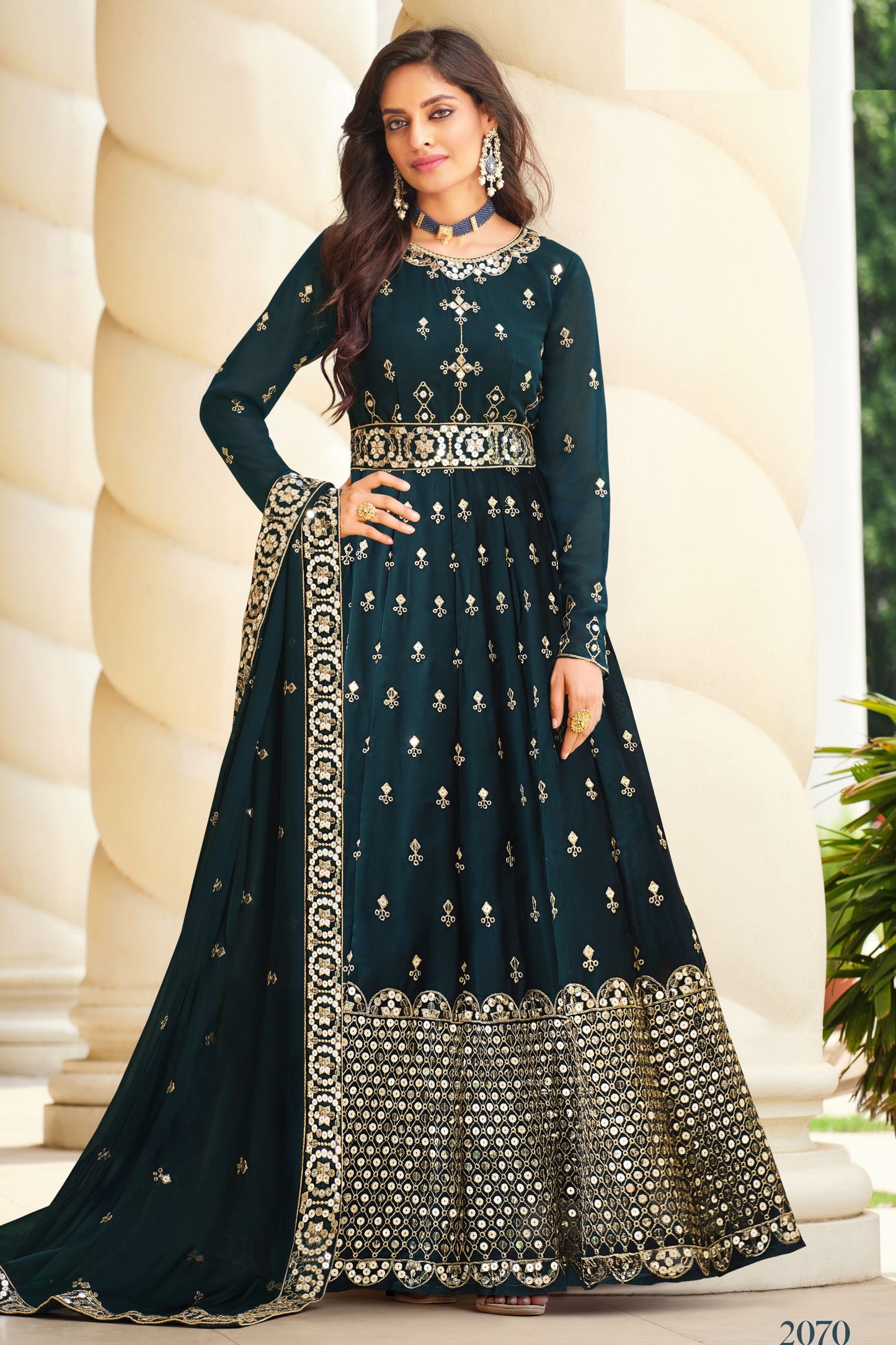 Teal Pakistani Georgette Anarkali Gown For Indian Festivals & Weddings - Sequence Embroidery Work, Thread Embroidery Work,