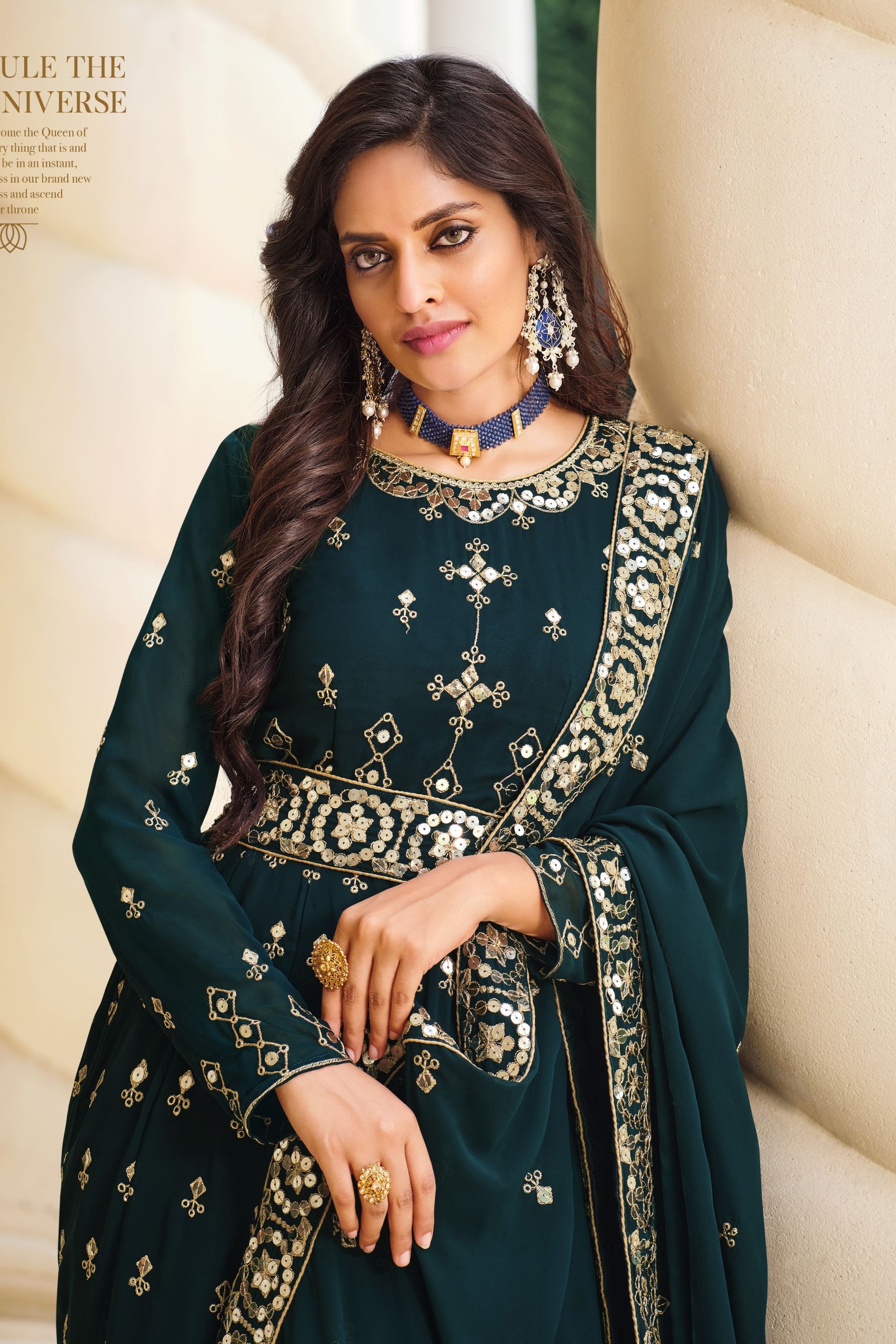 Teal Pakistani Georgette Anarkali Gown For Indian Festivals & Weddings - Sequence Embroidery Work, Thread Embroidery Work,