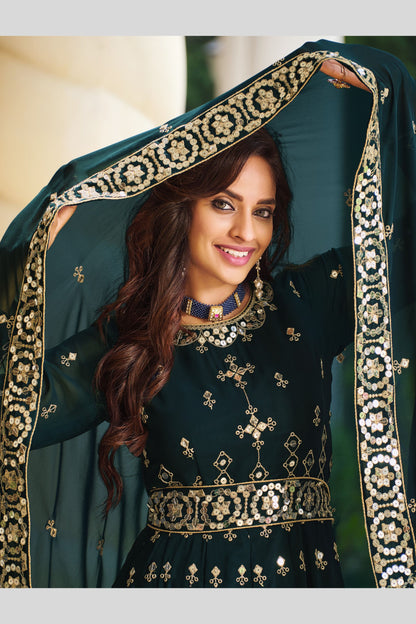 Teal Pakistani Georgette Anarkali Gown For Indian Festivals & Weddings - Sequence Embroidery Work, Thread Embroidery Work,