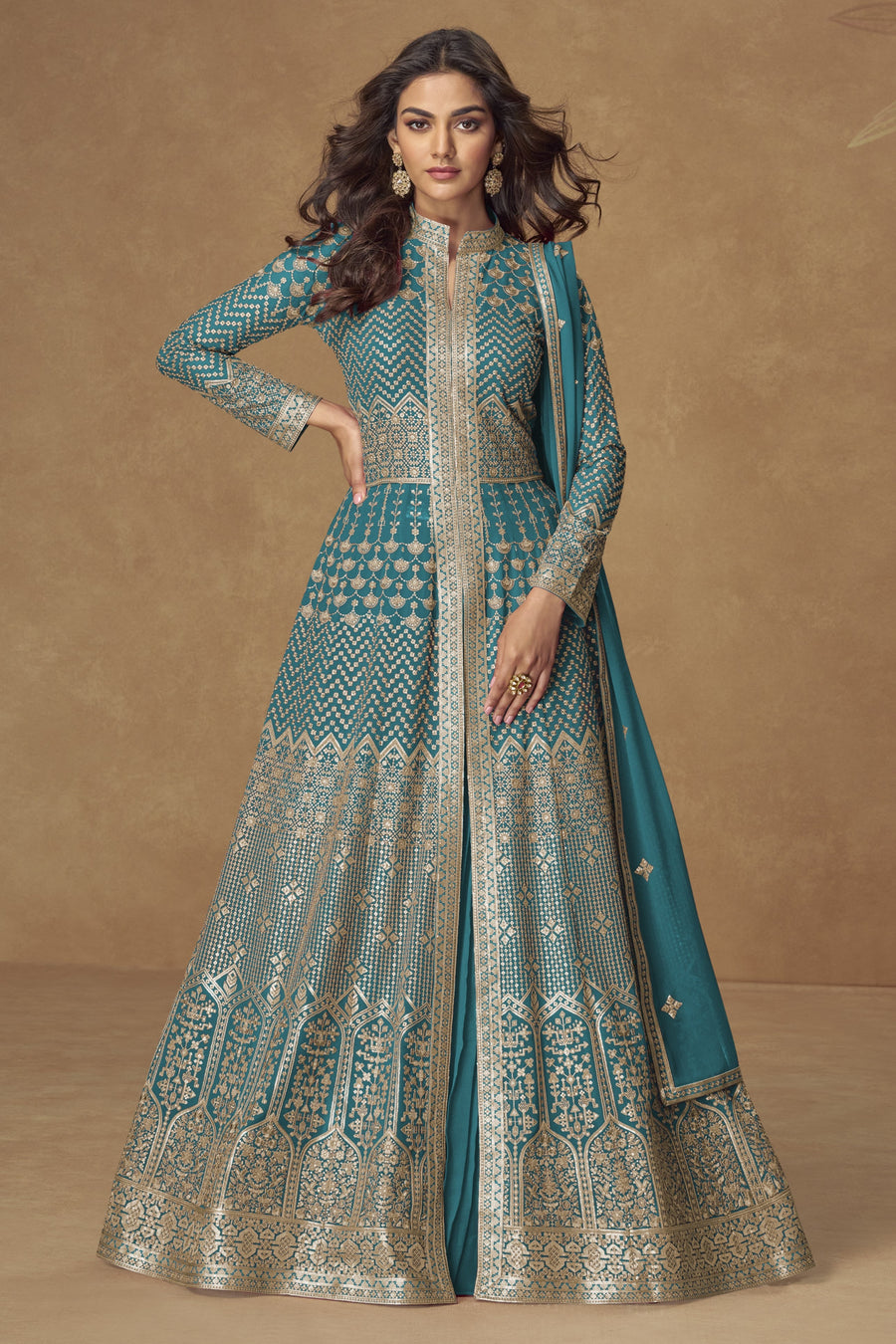 Teal Georgette Anarkali With Skirt For Indian & Pakistani Wedding Festival - Thread Embroidery Work, Embroidery Work
