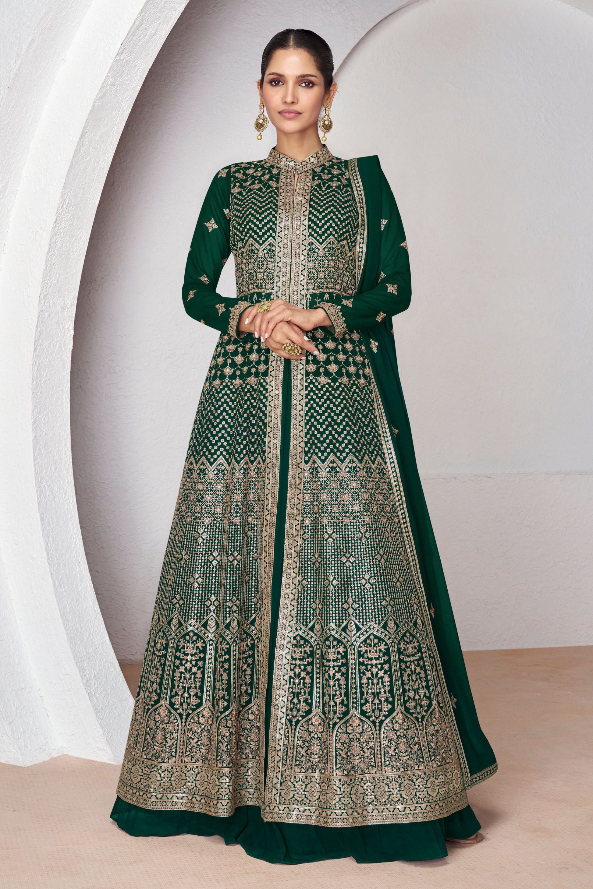 Teal Georgette Front Slit Long Anarkali Gown For Indian Festivals & Weddings - Thread Embroidery Work