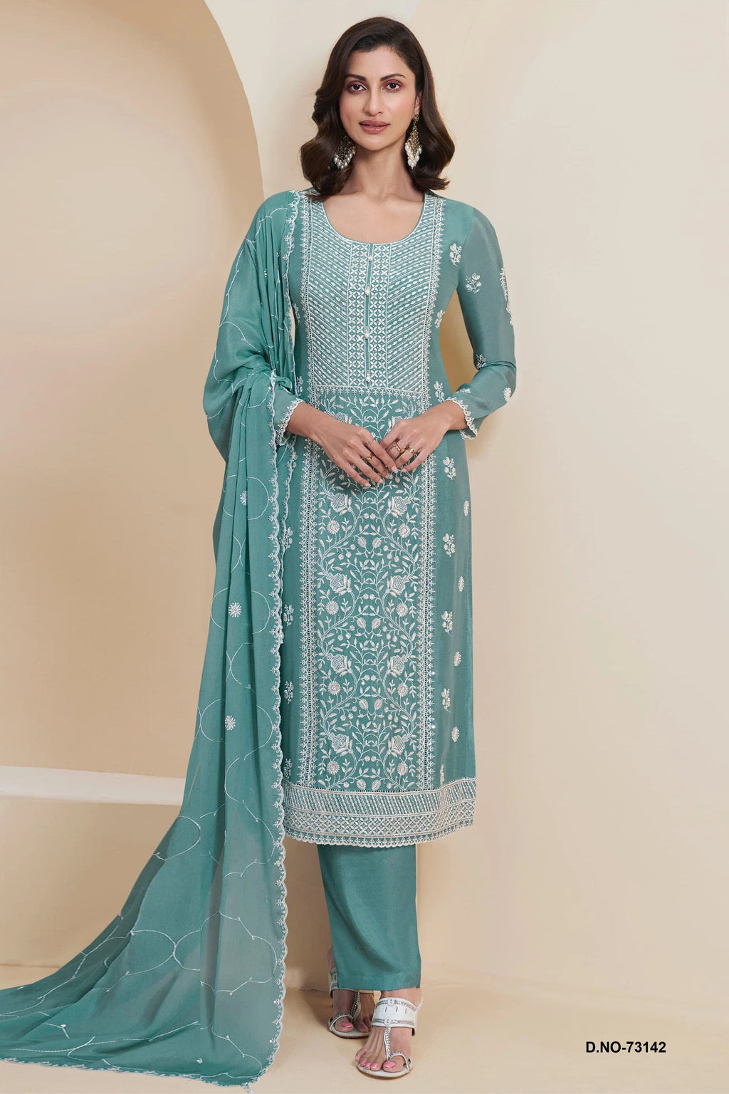 Teal Georgette Kameez With Pant For Indian & Pakistani Wedding Festival - Thread & Sequence Embroidery