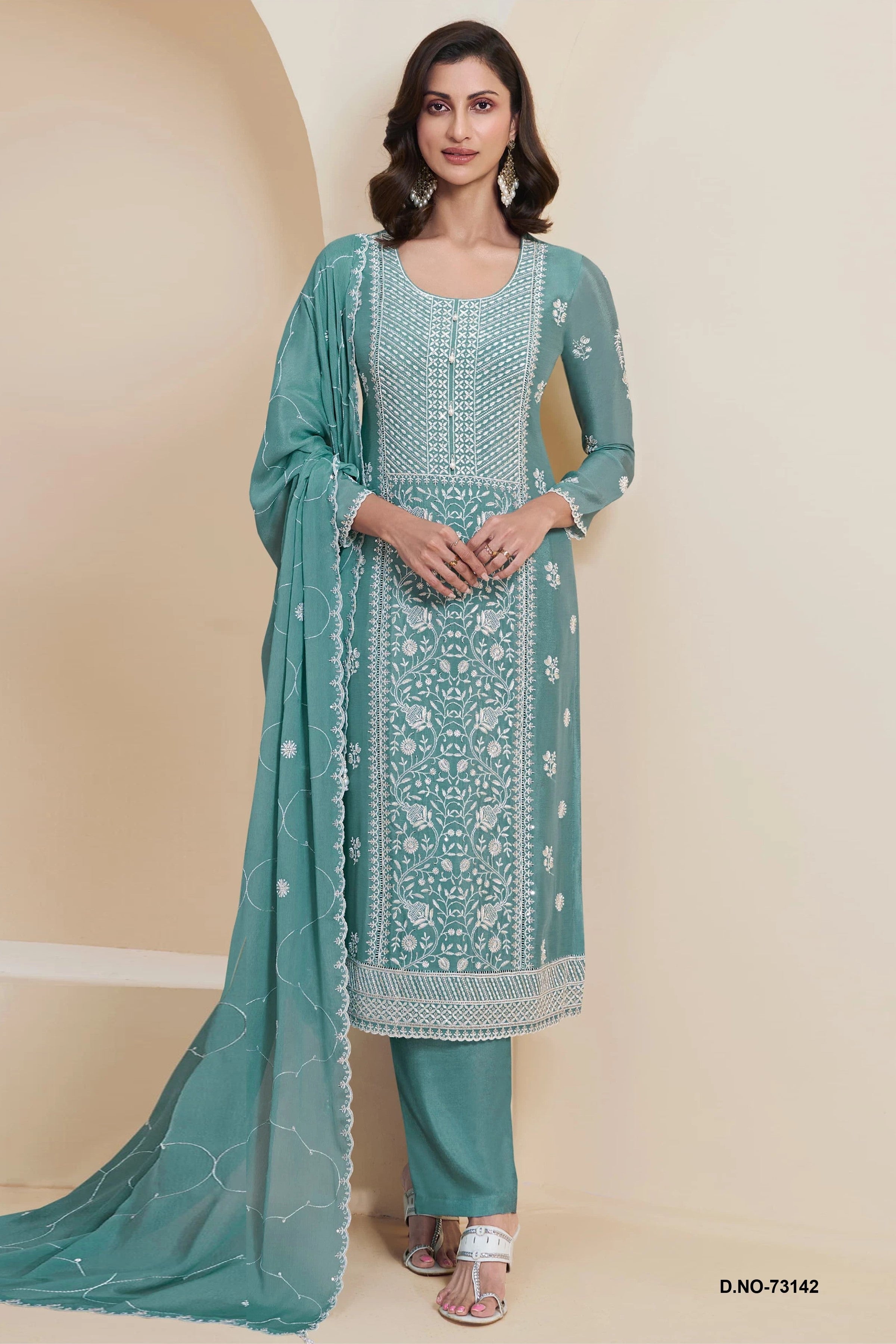 Teal Georgette Kameez With Pant For Indian & Pakistani Wedding Festival - Thread & Sequence Embroidery