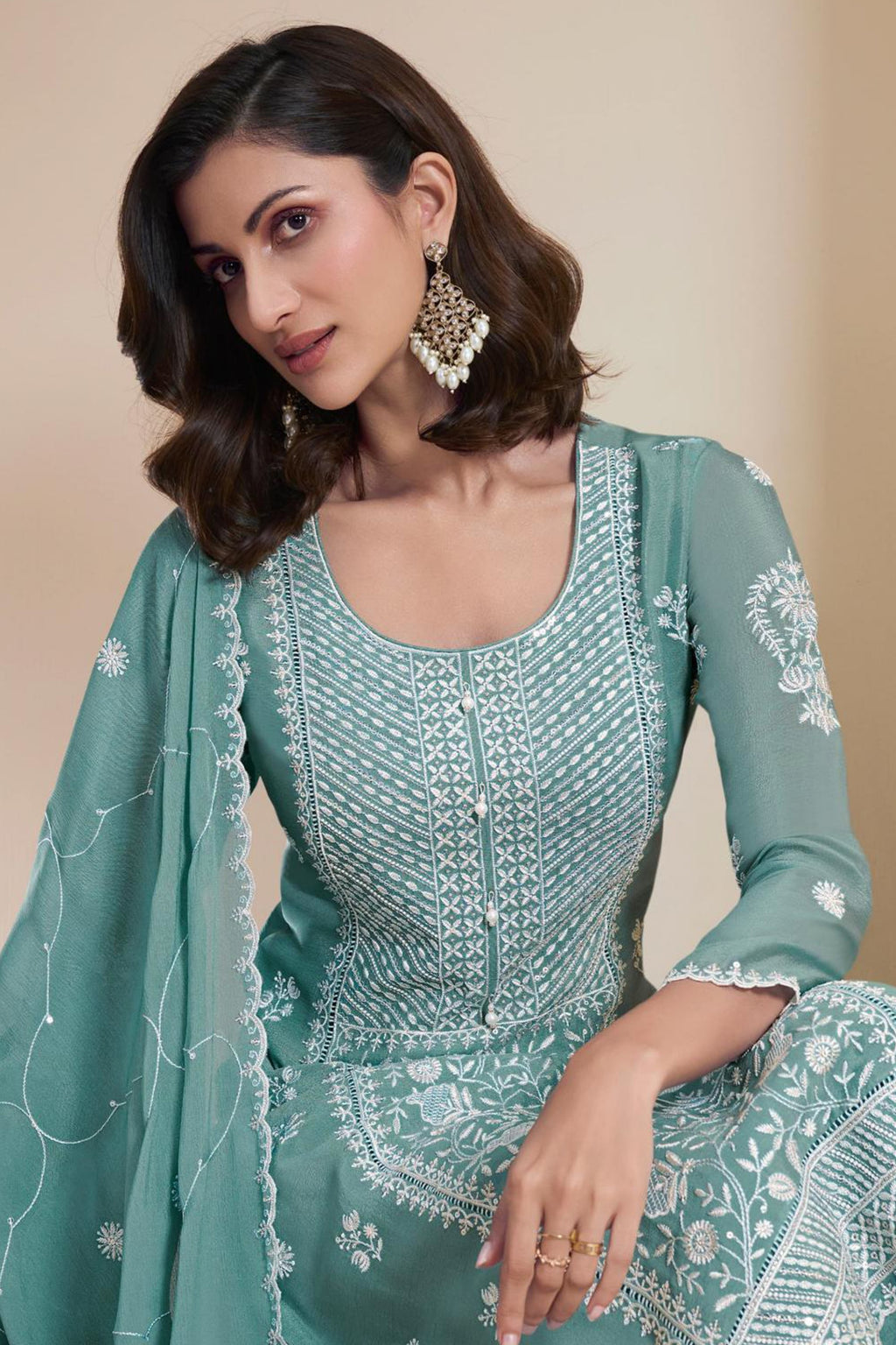 Teal Georgette Kameez With Pant For Indian & Pakistani Wedding Festival - Thread & Sequence Embroidery
