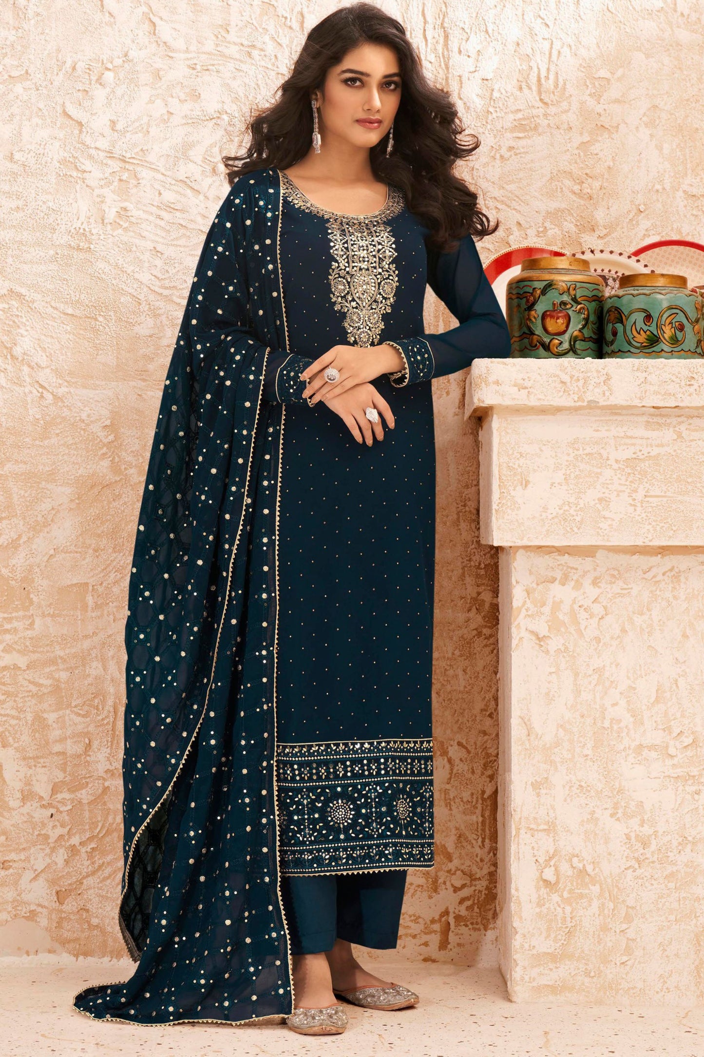 Dark Teal Georgette Kameez with Pant For Indian Suit Festivals & Weddings - Embroidery Work