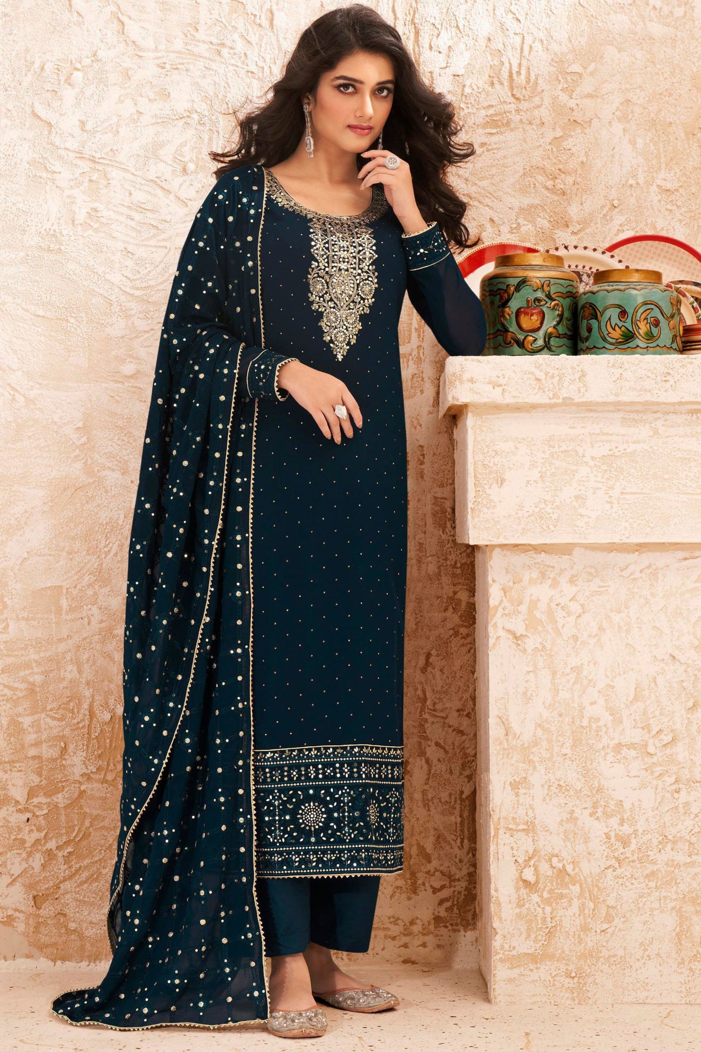 Dark Teal Georgette Kameez with Pant For Indian Suit Festivals & Weddings - Embroidery Work