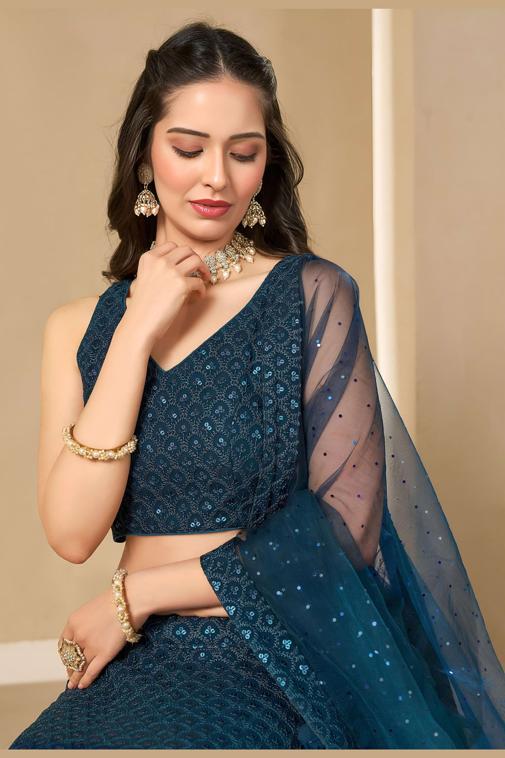 Teal Georgette Lehenga Choli For Indian & Pakistani Wedding Festival - Sequins & Thread Embroidery Work