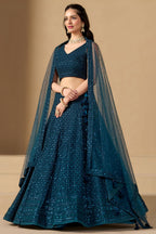 Teal Georgette Lehenga Choli For Indian & Pakistani Wedding Festival - Sequins & Thread Embroidery Work