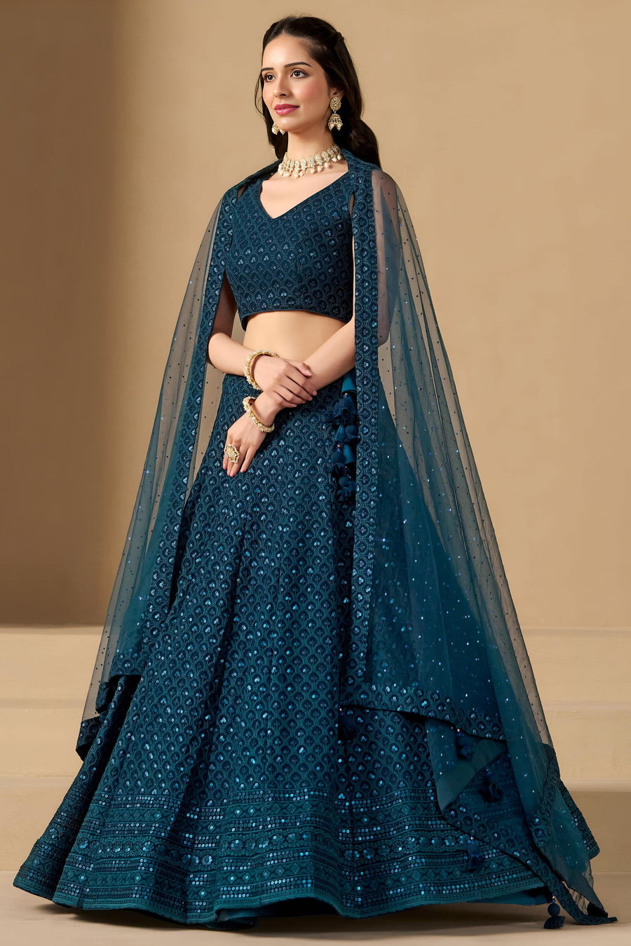Teal Georgette Lehenga Choli For Indian & Pakistani Wedding Festival - Sequins & Thread Embroidery Work