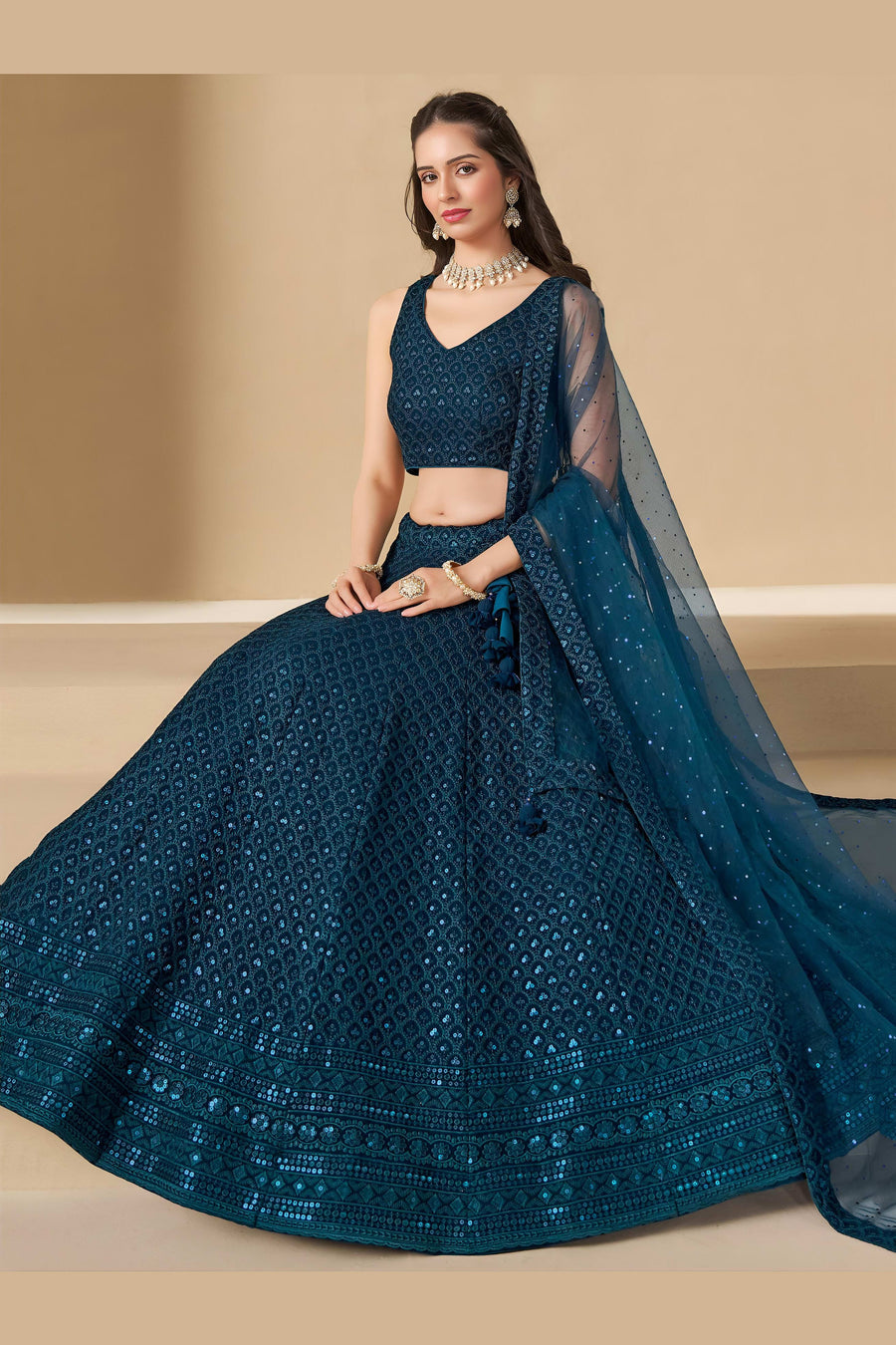Teal Georgette Lehenga Choli For Indian & Pakistani Wedding Festival - Sequins & Thread Embroidery Work