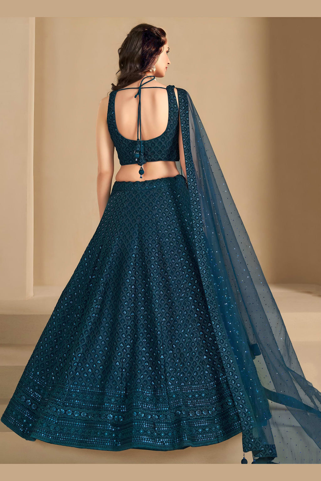 Teal Georgette Lehenga Choli For Indian & Pakistani Wedding Festival - Sequins & Thread Embroidery Work