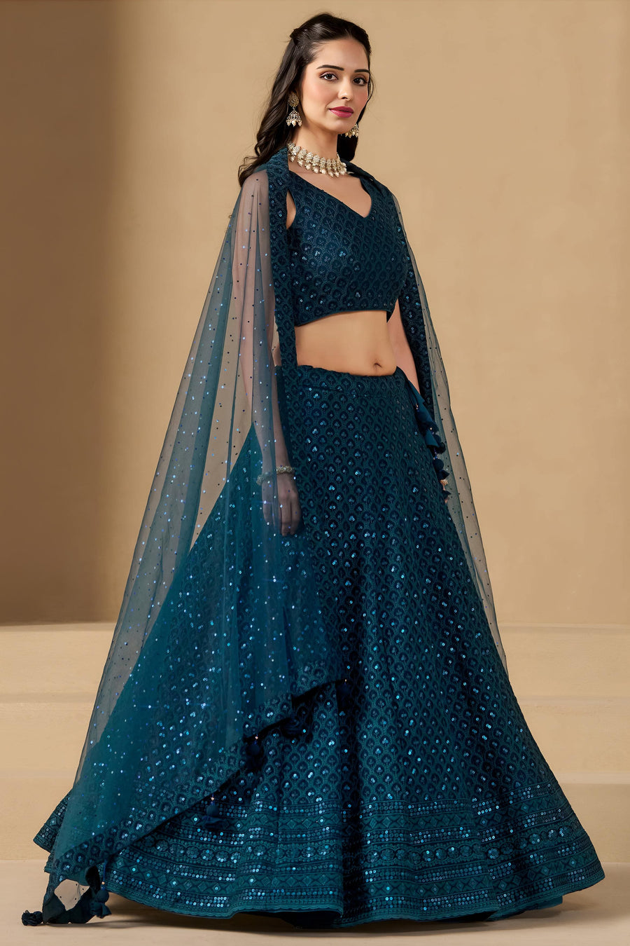 Teal Georgette Lehenga Choli For Indian & Pakistani Wedding Festival - Sequins & Thread Embroidery Work
