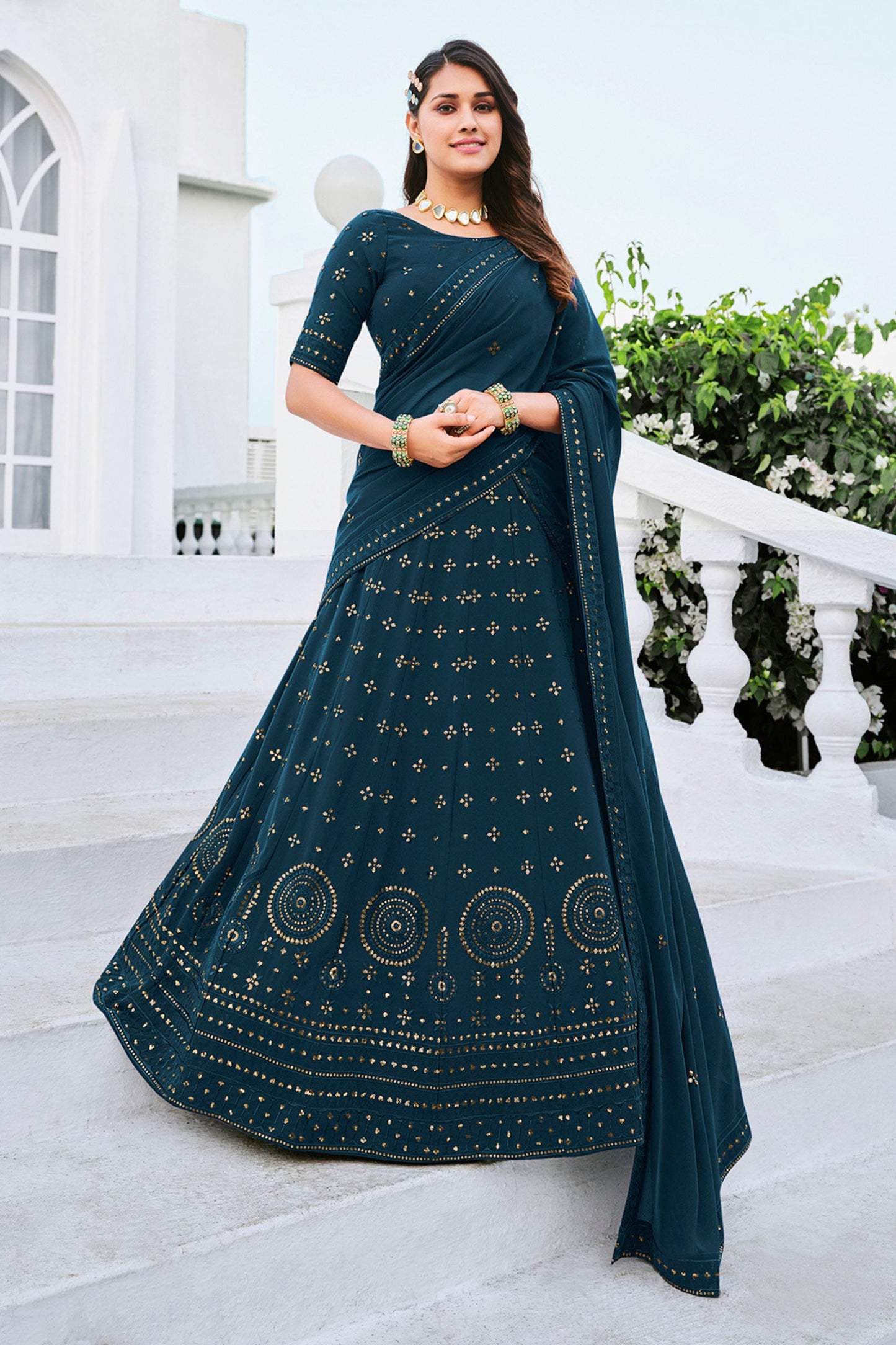Teal Georgette Lehenga Choli Set For Indian Festivals & Weddings - Sequence Work & Thread Embroidery Work