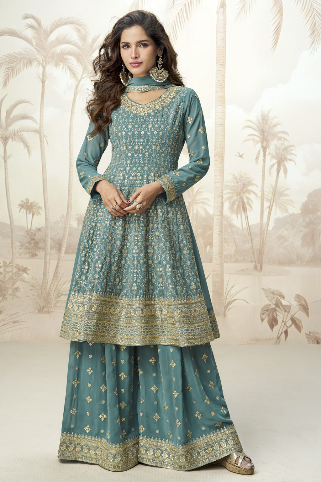 Teal Georgette Palazzo Suit For Indian & Pakistani Wedding Festival - Embroidery Work