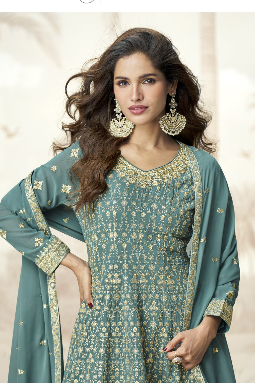 Teal Georgette Palazzo Suit For Indian & Pakistani Wedding Festival - Embroidery Work